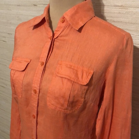 INC International Concepts Women's Orange Button-Down Long Sleeve Linen Shirt 2 - Picture 2 of 12